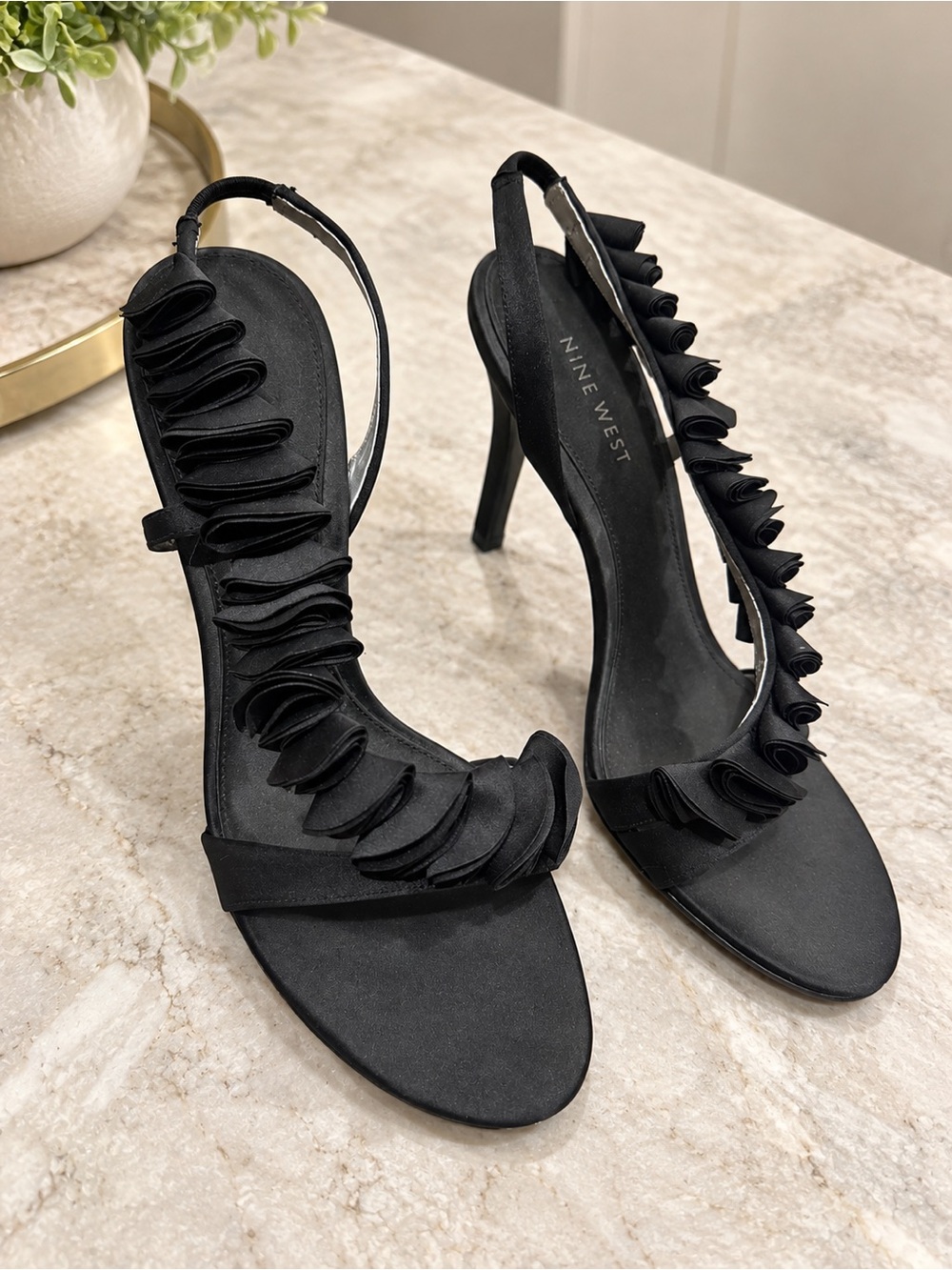 Nine West Black Ruffle Slingback Stiletto Heels